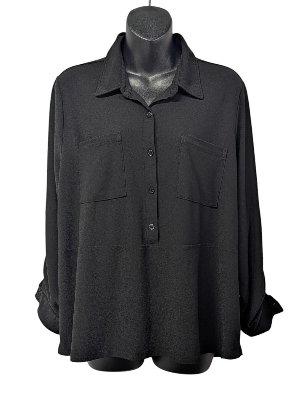 89th + Madison Women Black Button Up Shirt Size Large Roll Tab Sleeves Pockets